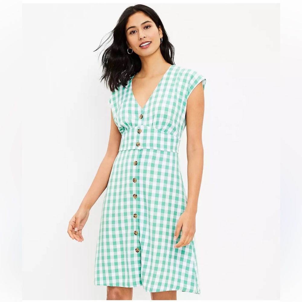 LOFT Green and White Gingham Dress